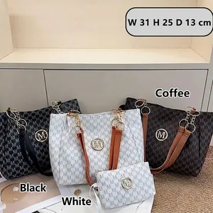 Women Trendy Monogram Printed Tote Bag Set Two Pieces Synthetic Leather Large Capacity Shoulder Bag With Round Metal Logo