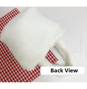 Back view of cute white plush tote bag with soft faux fur texture and wide handle