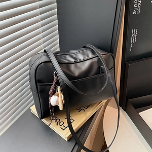 Vintage black large capacity tote bag with baseball charm and multiple front pockets