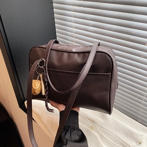 Retro dark brown large capacity tote bag with cute cat charm and baseball bat accessory