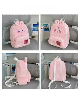 Vues détaillées du sac à dos peluche rose avec fenêtre transparente pour badges