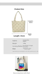 Size guide for quilted tote bag with bow pattern showing 35x30x9cm dimensions and iPad scale