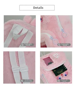 Vue détaillée du sac à dos en peluche rose pour enfants avec texture douce et sangles