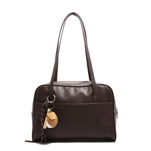 Vintage large capacity dark brown tote bag with baseball charm and silk ribbon detail