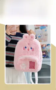 Sac à dos rose en peluche avec oreilles de lapin, broderie et poche transparente