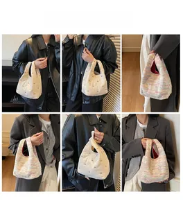 Detail shots of mini plush tote bags with quilted bow and colorful mohair fabric textures