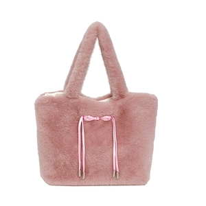 Minimalist soft faux fur tote bag in pale pink with decorative satin ribbon bow detail
