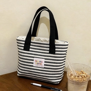Large capacity striped canvas tote bag with pink logo patch for autumn winter commute