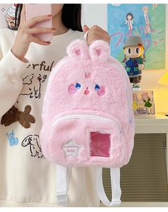 Sac à dos lapin en peluche rose avec oreilles et fenêtre transparente pour décorations