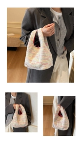 Detail of multi-color knitted plush handbag featuring thick macaron yarn and red lining