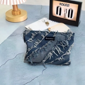 Frayed denim vanity bag with Moonshine patch, large capacity storage for cosmetics