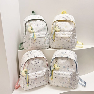 Sweet Star Pattern Canvas School Backpack For Girls With Moon Keychain Lightweight Breathable Fashion Casual Travel Rucksack Student Bookbag