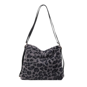 Chic grey leopard print faux fur tote bag with slim black shoulder straps for women