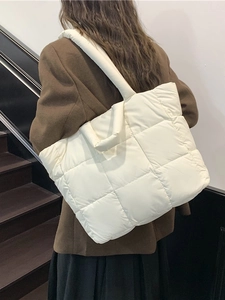 Minimalist white quilted puffer tote bag in large size for women with waterproof nylon