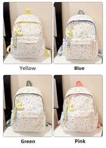 Collage of student backpacks with star patterns in yellow, blue, green, and pink colors