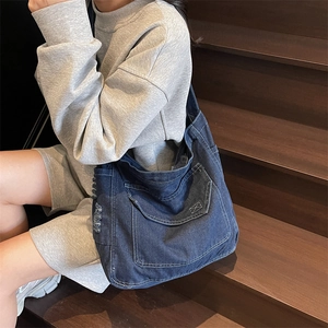 Sac Fourre-tout en Denim de Grande Capacité pour Femmes Sac Bandoulière en Jean Lavé Vintage Avec Surpiqûres Contrastées