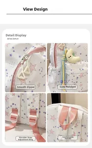 Detail view of star pattern backpack showing smooth zippers and moon plush pendant