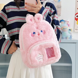 Sac à Dos Rose en Peluche avec Oreilles de Lapin Mignon Dessin Animé Enfants Mini Sac Ita Avec Fenêtre Transparente pour Filles Adolescentes École Voyage Sac Quotidien