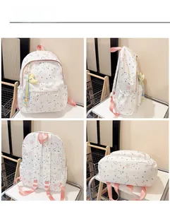 Detailed views of white star print backpack showing front side and back with moon charm