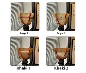 Détails de sacs fourre-tout en paille tressée avec poignées en cuir et motifs géométriques