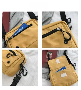 Detail view showing yellow canvas bag zipper, front pocket, side hook and interior flap
