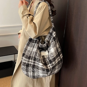 Classic black and white plaid fuzzy tote bag with wide strap for autumn winter fashion
