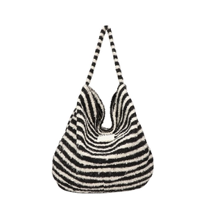 Classic black and white striped plush tote bag with See You label for autumn fashion