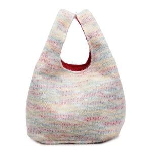 Cute mixed color macaron knitted mini handbag with vibrant red lining for winter fashion