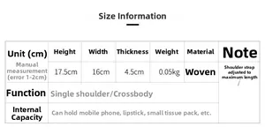 Guide des tailles montrant la hauteur 17,5 cm et largeur 16 cm du mini sac seau tressé
