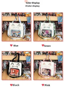 Detailansicht von vier bunten Katzen-Ita-Bags mit transparenten PVC-Sichtfenstern