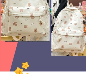 Detail of cute bear printed pattern and zipper pocket on Japanese style beige backpack