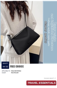 Detail of minimalist black crossbody bag with silver metal zipper and adjustable strap