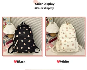 Dual-color display of cute bear print school backpacks in black and beige finishes