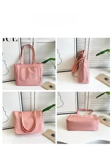 Detailed four-way views showing light pink nylon tote bag exterior and storage pockets