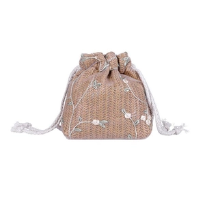 Mini sac seau en paille pour femme avec broderies florales et fermeture à cordon