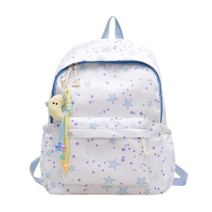 School backpack with blue and purple stars pattern and yellow moon plush pendant