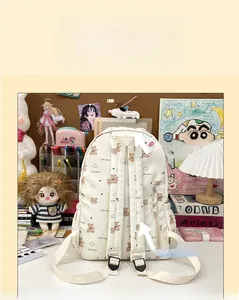 Detail view of reinforced padded shoulder straps and back anti-theft zipper on white bear backpack