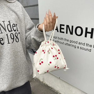 Handtasche aus Cord mit Kordelzug, niedlichem Kirschmuster und Baumwollgriffen