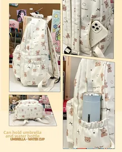 Detail view of the beige cute bear backpack showing side pockets and anti-theft back zip