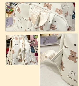 Detailed view of reinforced stitching and dual zippers on the cute bear canvas backpack