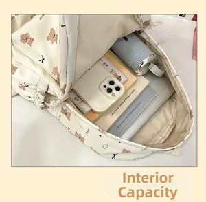Detailed interior view of beige canvas bear backpack showing large capacity and storage