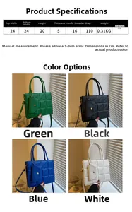 Detail view of checkered PU leather handbag dimensions and color variants options