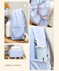 Dettaglio dello zaino azzurro che mostra tasche laterali e ciondolo con perline colorate