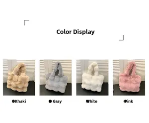 Color display of plush tote bags in khaki, grey, white and pink with bubble texture