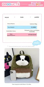 Size comparison of green plush panda backpack with iPhone showing dimensions and 0.24kg weight
