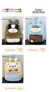 Detail showing three colors of plush cartoon animal backpacks with embroidery