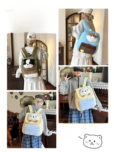 Detail of plush cartoon backpacks in blue and green with soft fur and adjustable straps