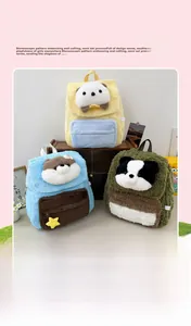 Detailed view of three plush animal-themed backpacks with 3D cartoon characters
