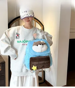 Detail view of light blue plush cartoon backpack showing fuzzy texture and soft straps