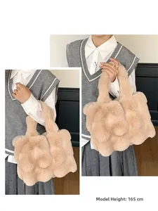 Close-up detail of plush beige faux fur tote bag showing texture and 165cm model scale